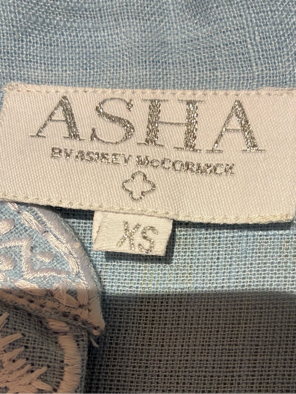 ASHA by Ashley McCormick Light Blue Embroidered Mini Dress w/ White Floral Trim - Picture 2 of 9